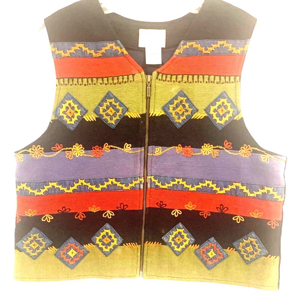 Vintage Susan Bristol Embroidered Vest Large Full Zip Boho Aztec Artsy V Neck